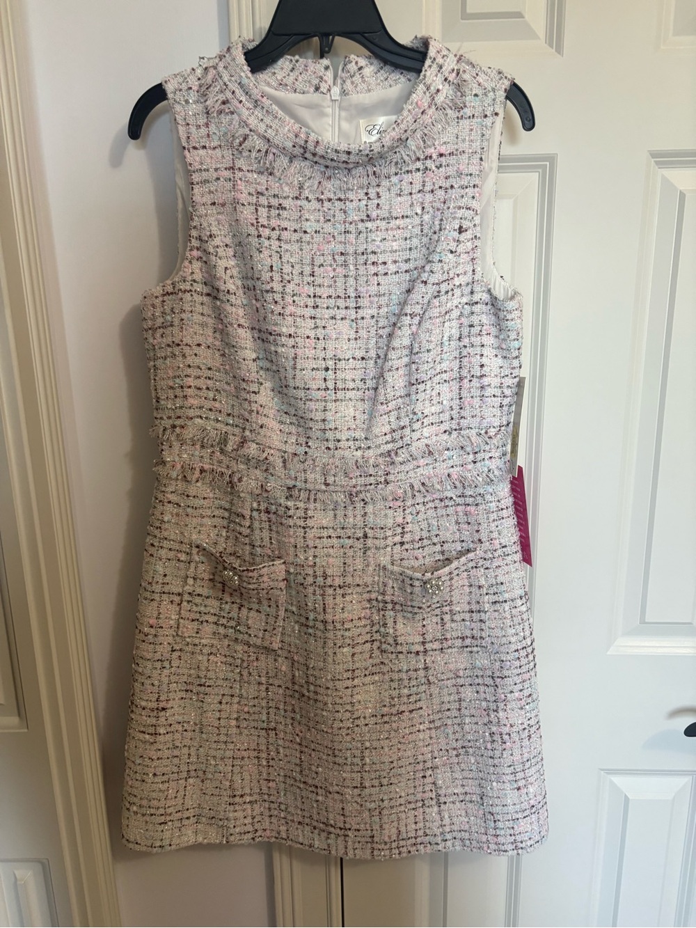 Eliza J Pink and Cream Tweed Sleeveless Fit-and-Flare Dress
